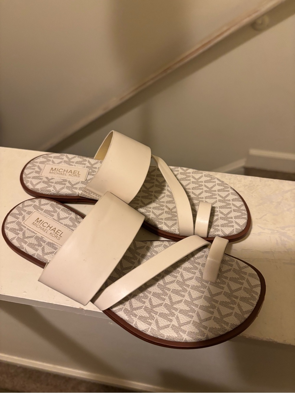 MICHAEL Michael Kors Cream and Brown Logo-Print Slide Sandals